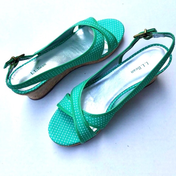 L.L. Bean Shoes - L.L. Bean Green Polka Dot Cork Wedge Heels size 6